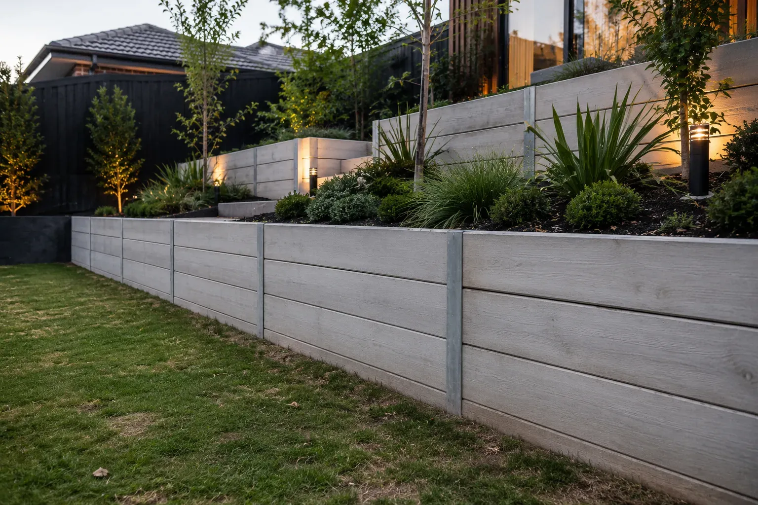 Concrete sleeper retaining wall along a garden edge