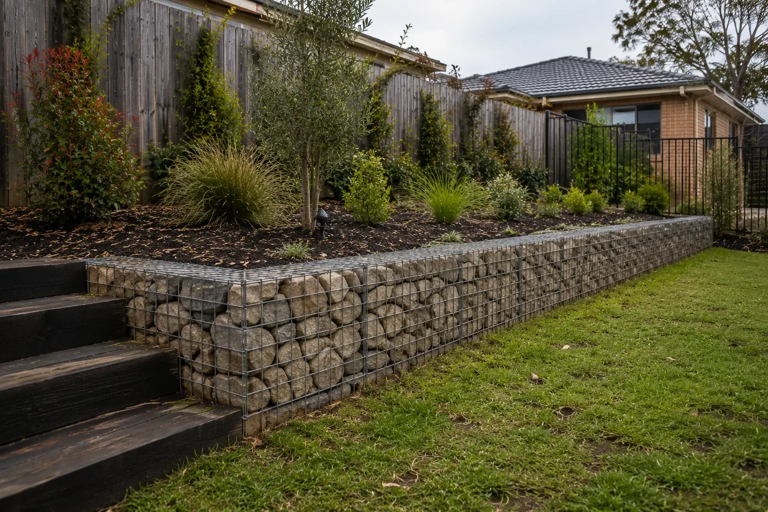 Stone-filled gabion retaining wall basket construction in a Canberra garden