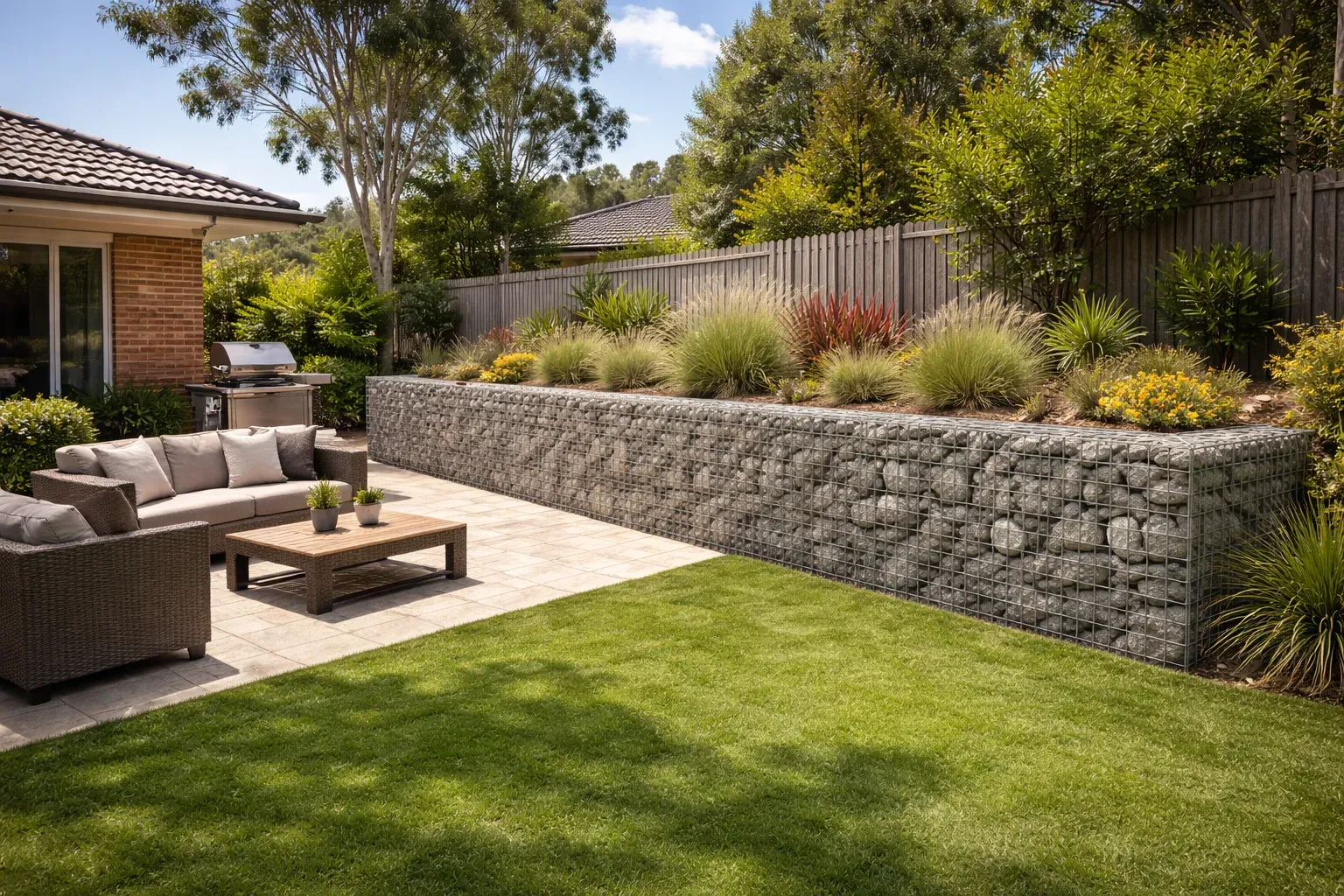 Gabion retaining wall built from stone-filled wire baskets