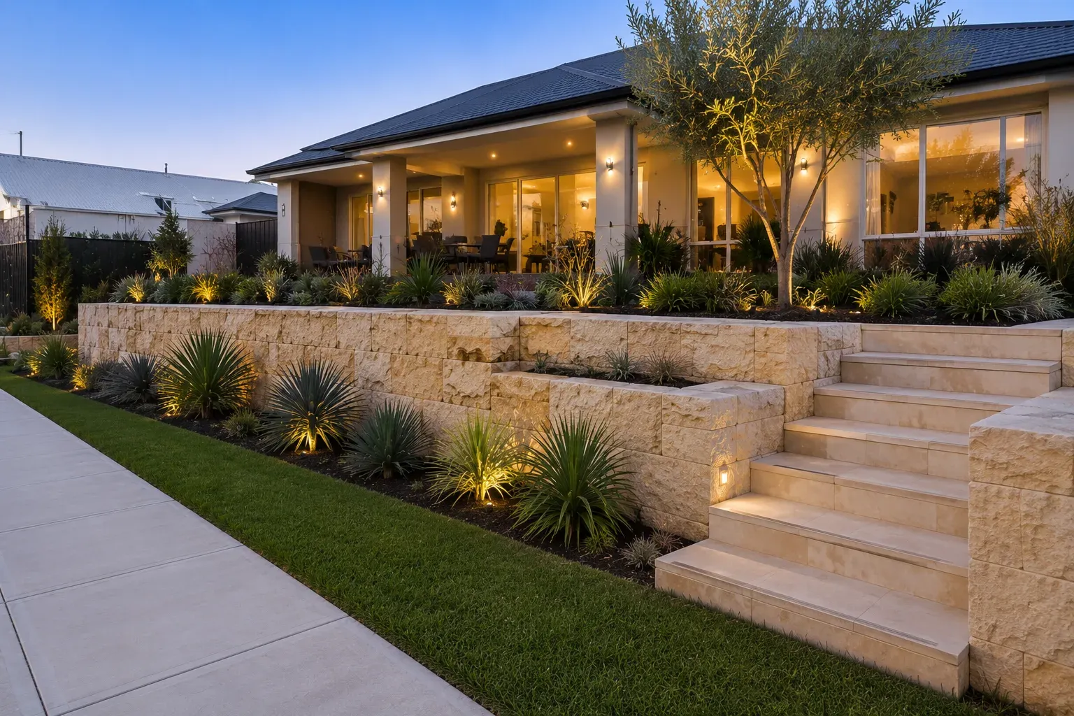 Limestone retaining wall with a clean, natural finish