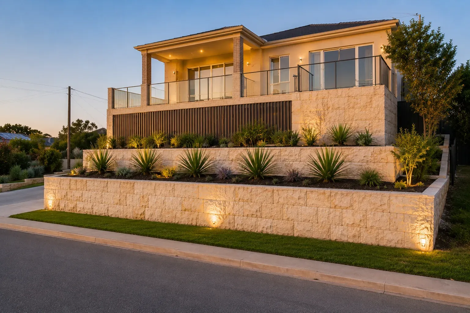 Limestone boundary retaining wall dividing two properties in Canberra