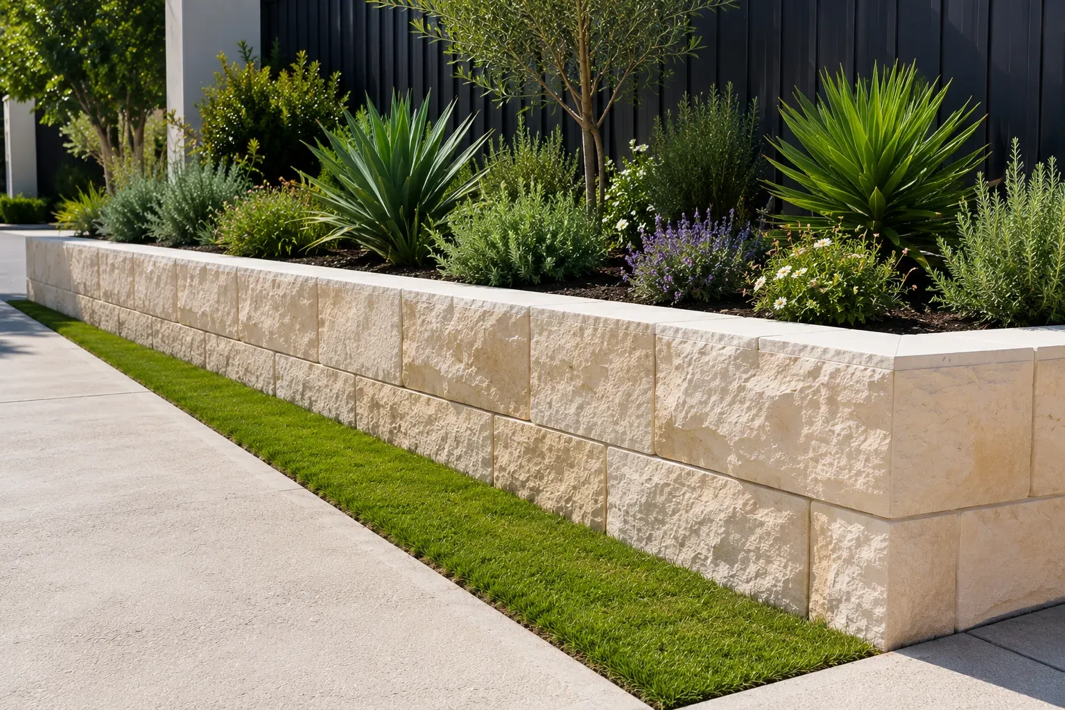 Limestone block retaining wall in a front yard