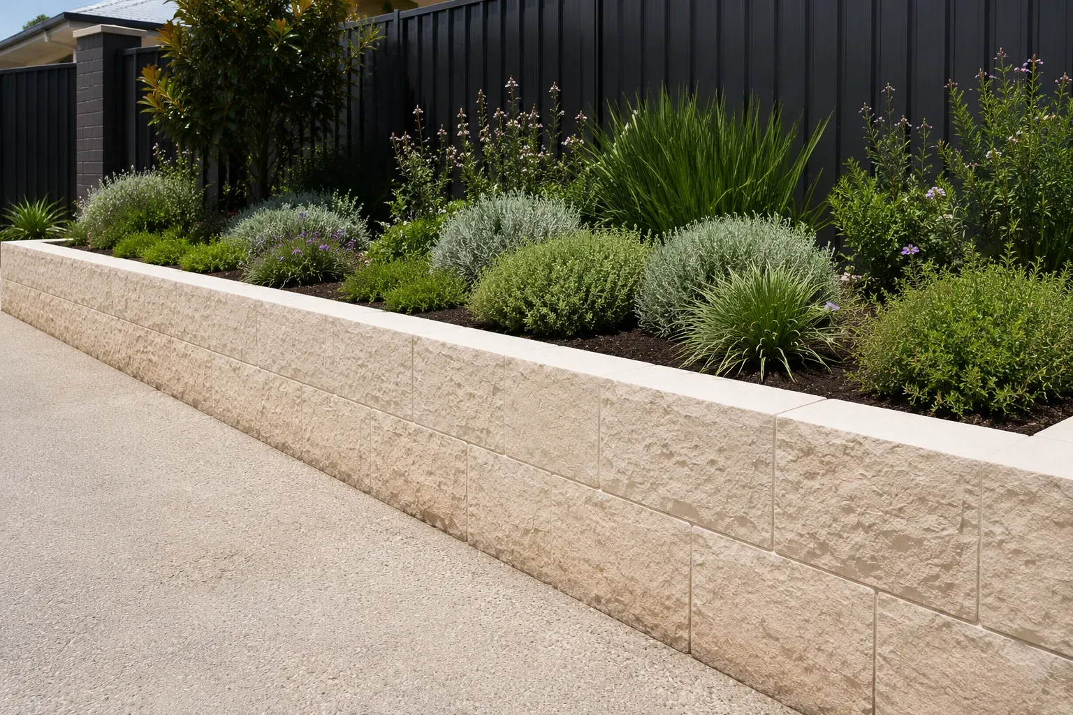 Limestone retaining wall with layered stone coursing
