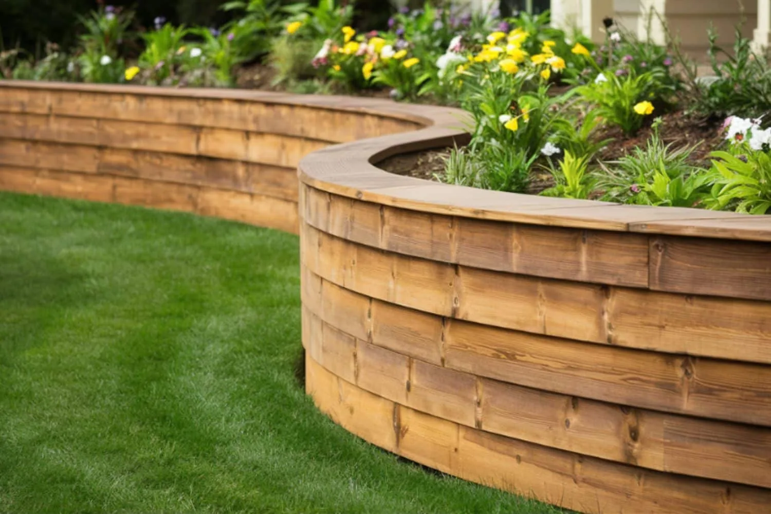 Timber retaining wall with treated pine sleepers